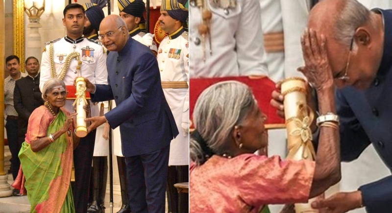 Moment of the day! Enchanting everyone with her blissful gesture, the sweet  'mother of trees' blesses President Kovind.. !