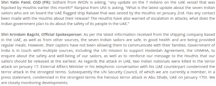 Indian sailors on vessel seized by Houthis are safe & govt working for their release