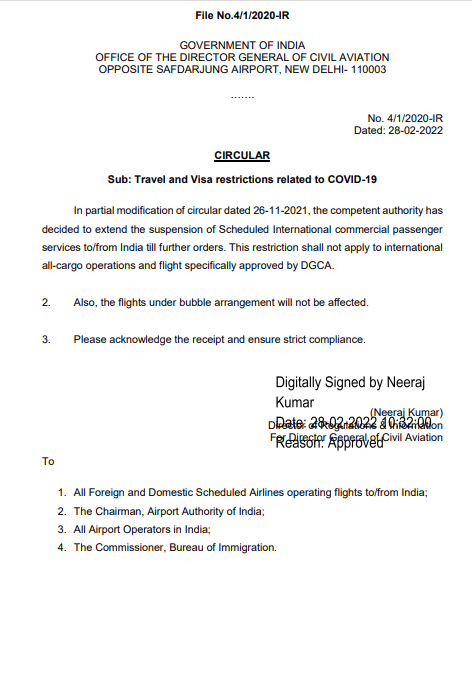 International flights to remain suspended till further orders