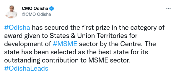 Odisha wins national award for promoting MSMEs