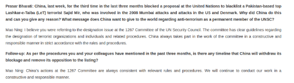 Vague response from China on blocking LeT Terrorist Sajid Mir as 