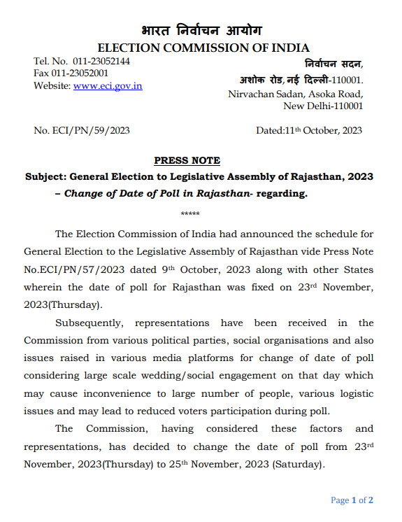 rajasthan polling date changed