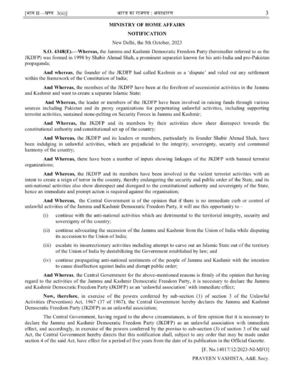 Shabir Ahmad JKDFP banned