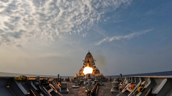 BrahMos supersonic missile firing from Navy destroyer Mormugao