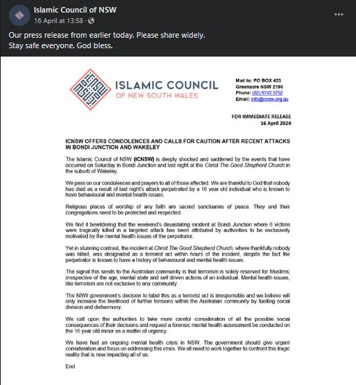 Islamic Council Bishop stabbing Australia