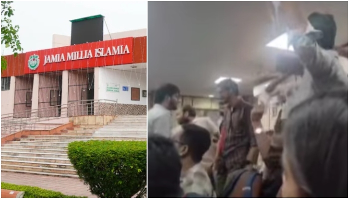 Jamia students protest against RSS event